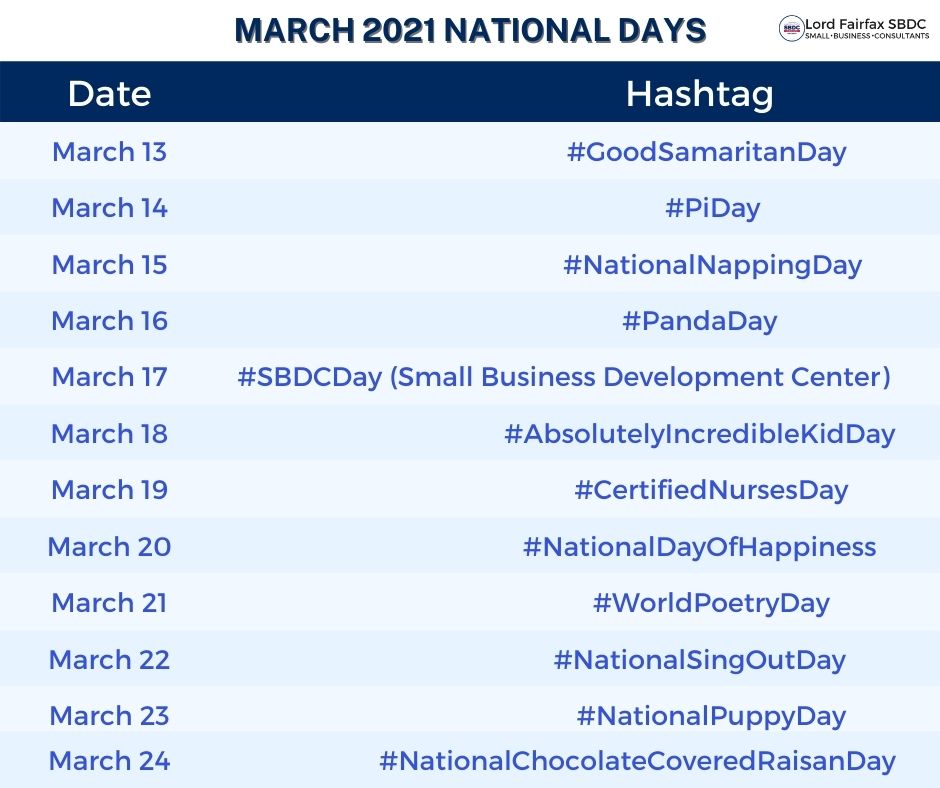 March National Days - Small Business Development Consultants Winchester VA