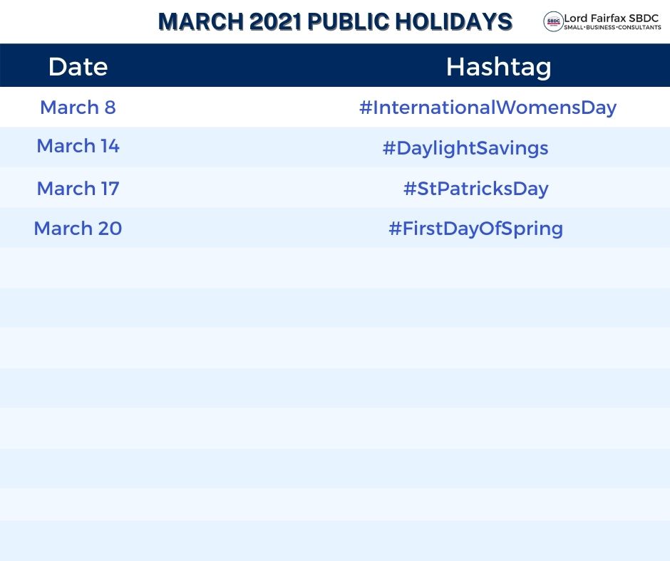 March Public Holidays - Small Business Consultants Winchester VA