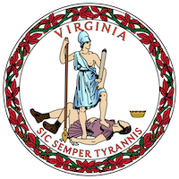 Official seal of the Commonwealth of Virginia showing the figure Virtus standing over a fallen tyrant with the Latin motto “Sic Semper Tyrannis,” surrounded by a circular floral border.