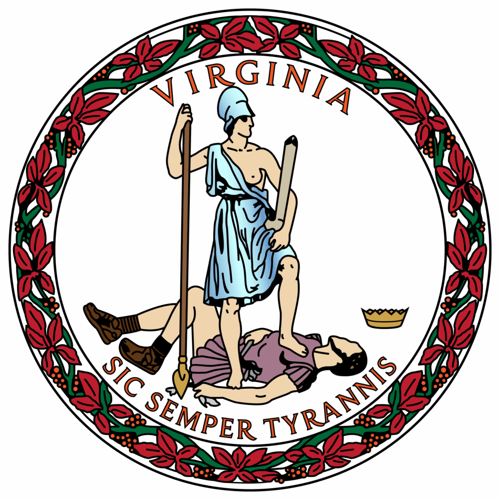 Official seal of the Commonwealth of Virginia showing the figure Virtus standing over a fallen tyrant with the Latin motto “Sic Semper Tyrannis,” surrounded by a circular floral border.